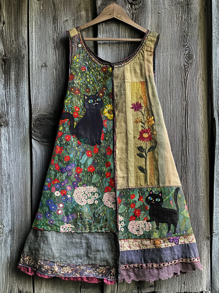 Vintage Cute Black Cat And Floral Patchwork Linen Tank Dress