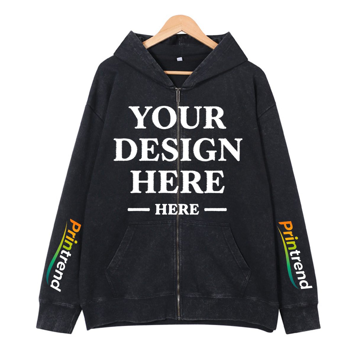 Custom DTG Print Washed Zipper Hoodie for Your Unique Style, 7 Colors 450gsm Pure Color Tops