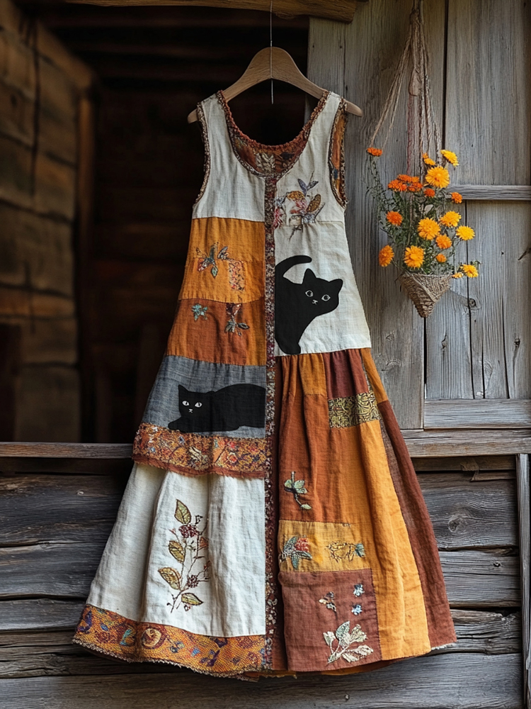 Vintage Black Cat And Floral Linen Tank Dress