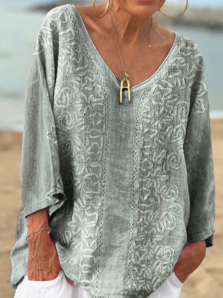 Vintage V-neck Loose Linen Blend T-shirt