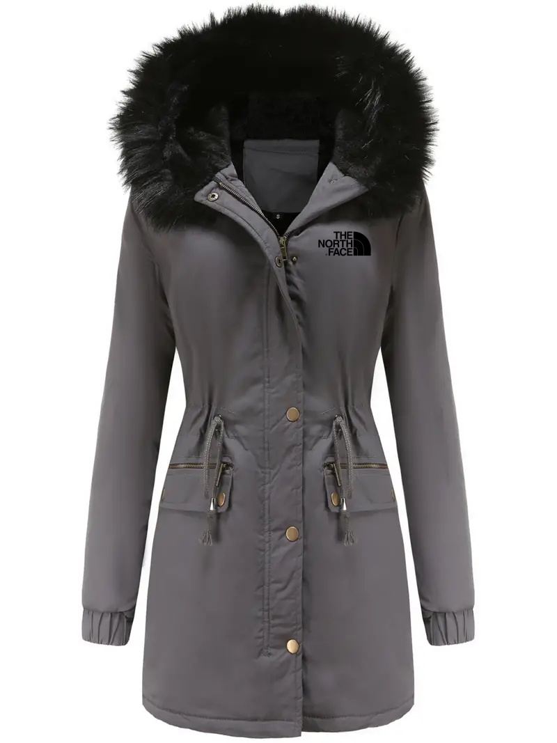 2025 TNF®-Zipper Fur Lined Hooded Parka Autumn Winter Casual Warm Long Sleeve Drawstring Waist Sweater Women's Clothing