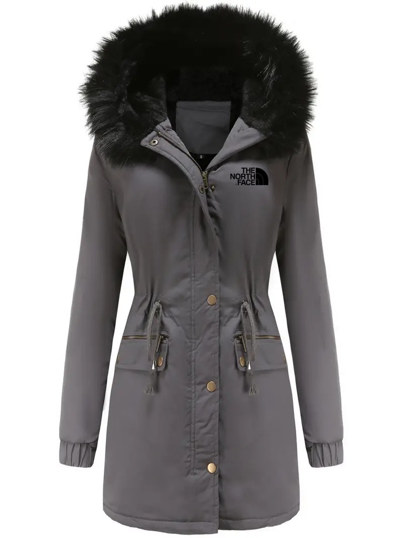 2025 TNF®-Zipper Fur Lined Hooded Parka Autumn Winter Casual Warm Long Sleeve Drawstring Waist Sweater Women's Clothing