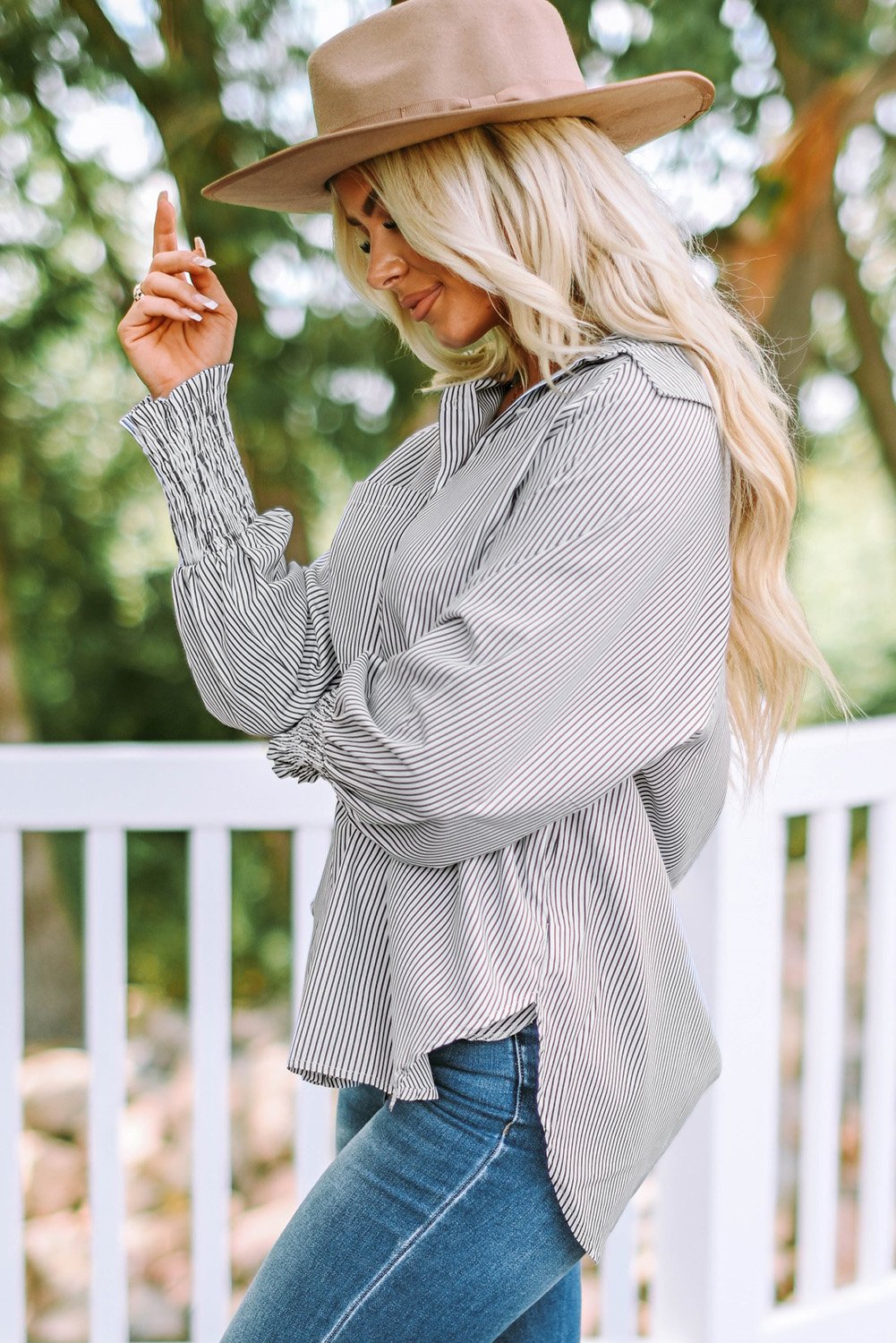 Mid-length smocked shirt with striped lapel and oversized drawdown sleeves