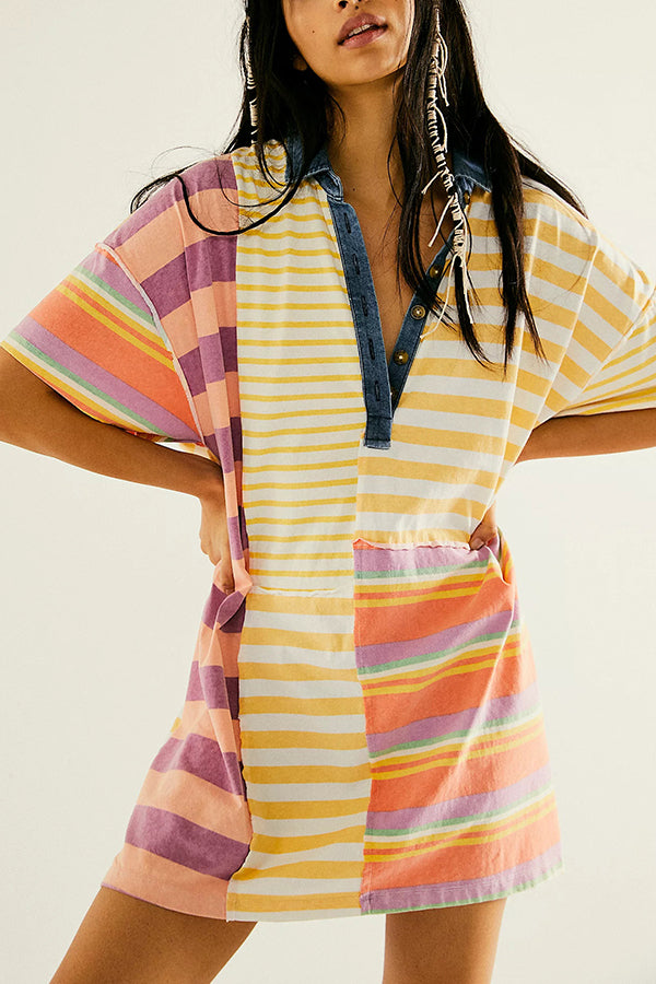 Striped Patchwork Denim Shirt Dress – Casual and Relaxed Fit