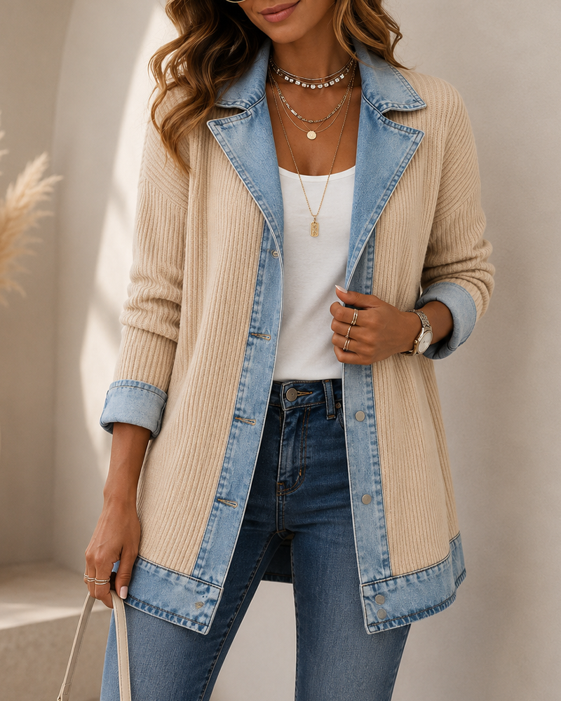 Women’s Denim-Trim Ribbed Knit Longline Blazer Jacket