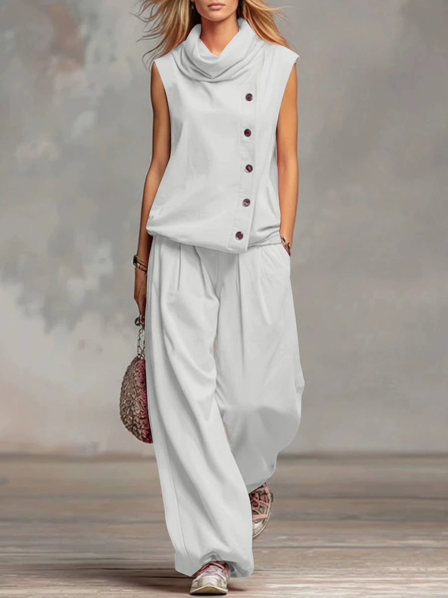 Resort-style Striped Sleeveless Shirt And Wide-leg Trousers Tencel Set