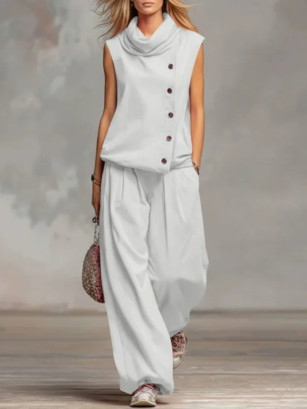 Resort-style Striped Sleeveless Shirt And Wide-leg Trousers Tencel Set