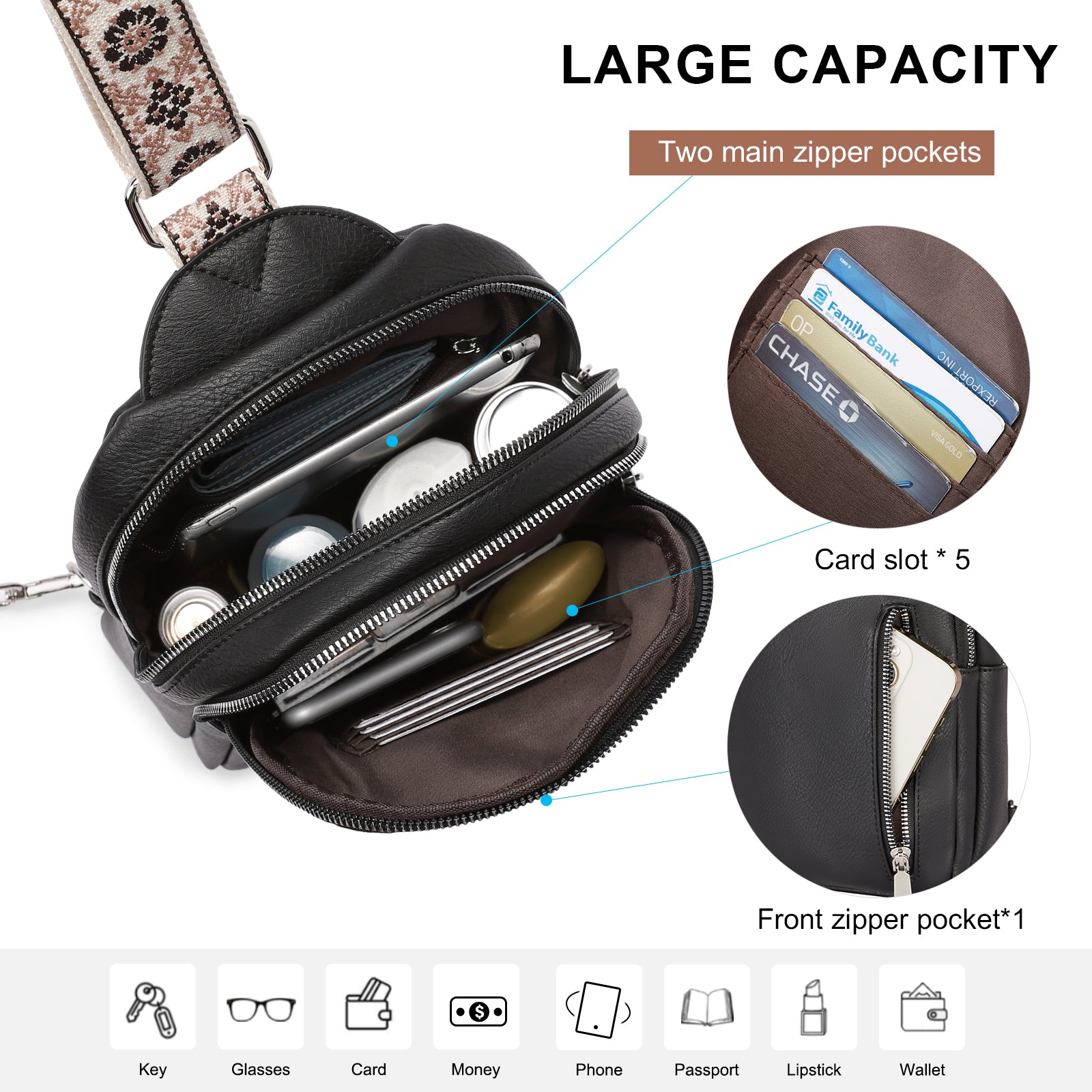 Large Leather Fanny Packs Sling Bag for Women Crossbody Purse Trendy Chest Bag