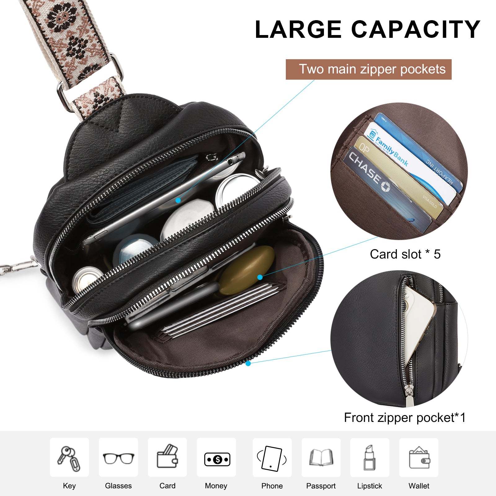 Large Leather Fanny Packs Sling Bag for Women Crossbody Purse Trendy Chest Bag