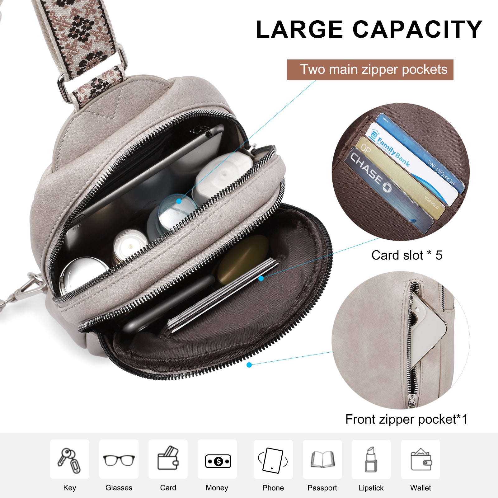 Large Leather Fanny Packs Sling Bag for Women Crossbody Purse Trendy Chest Bag