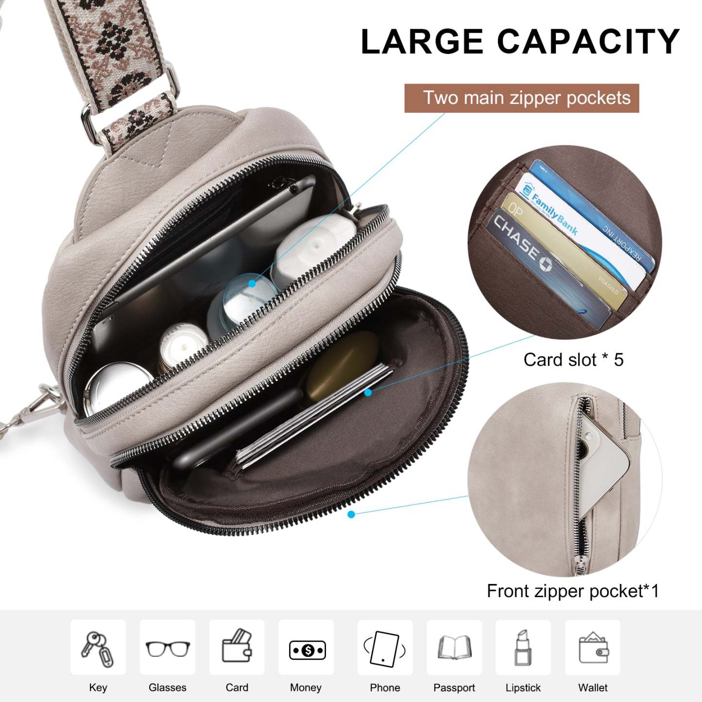 Large Leather Fanny Packs Sling Bag for Women Crossbody Purse Trendy Chest Bag