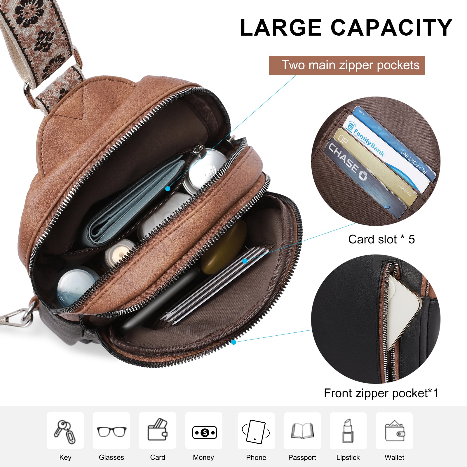 Large Leather Fanny Packs Sling Bag for Women Crossbody Purse Trendy Chest Bag