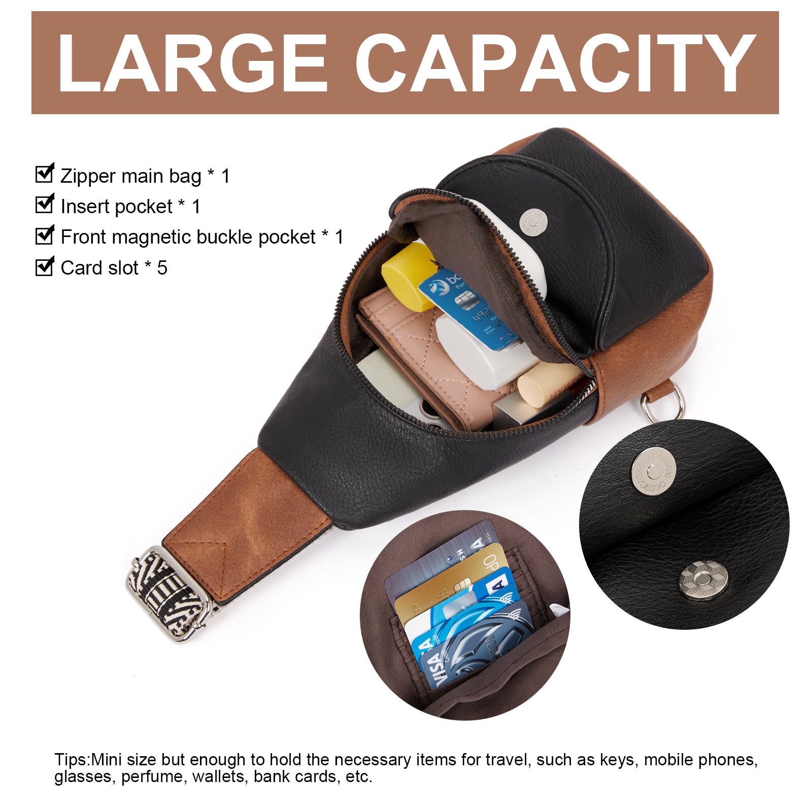 Faux Leather Small Sling Bag Fashion Waist Packs with Guitar Strap for Women's Fanny Packs