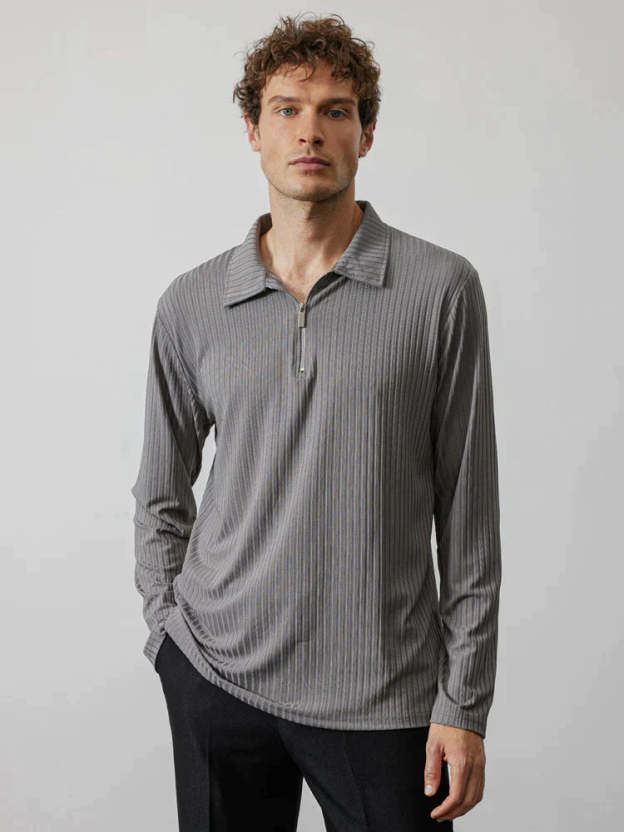 lininco Zipper Stripe Long Sleeve Polo Shirt
