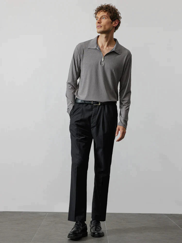 lininco Zipper Stripe Long Sleeve Polo Shirt