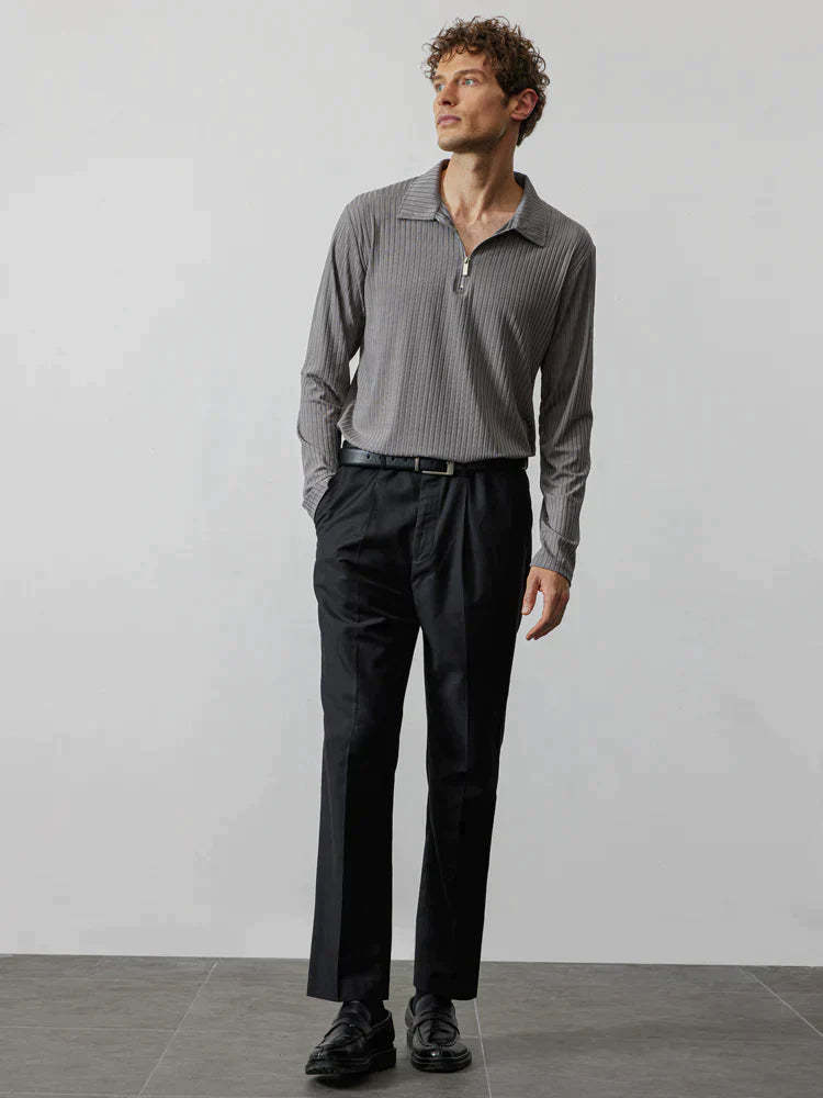lininco Zipper Stripe Long Sleeve Polo Shirt