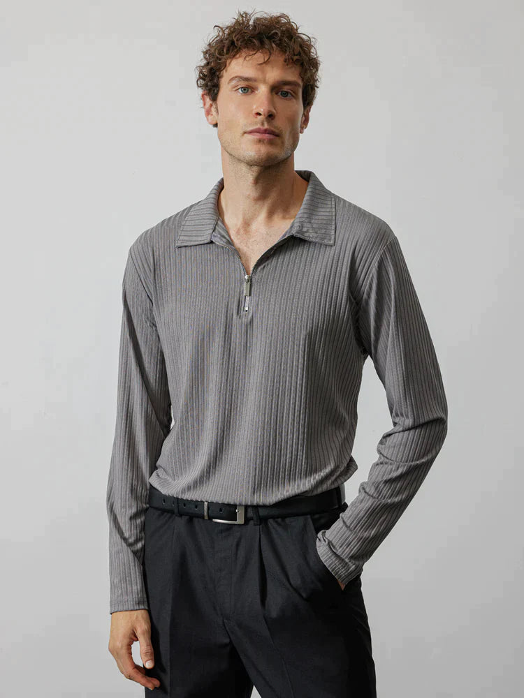 lininco Zipper Stripe Long Sleeve Polo Shirt