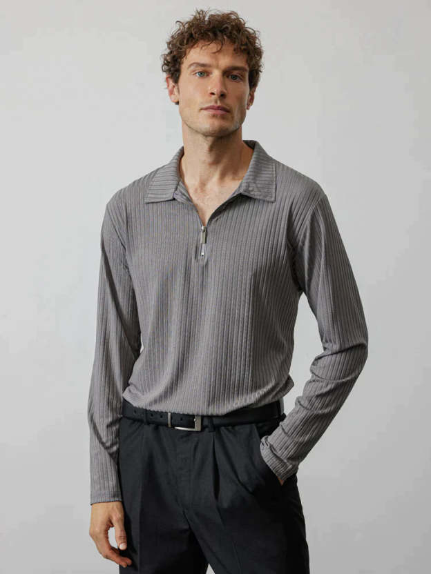 lininco Zipper Stripe Long Sleeve Polo Shirt