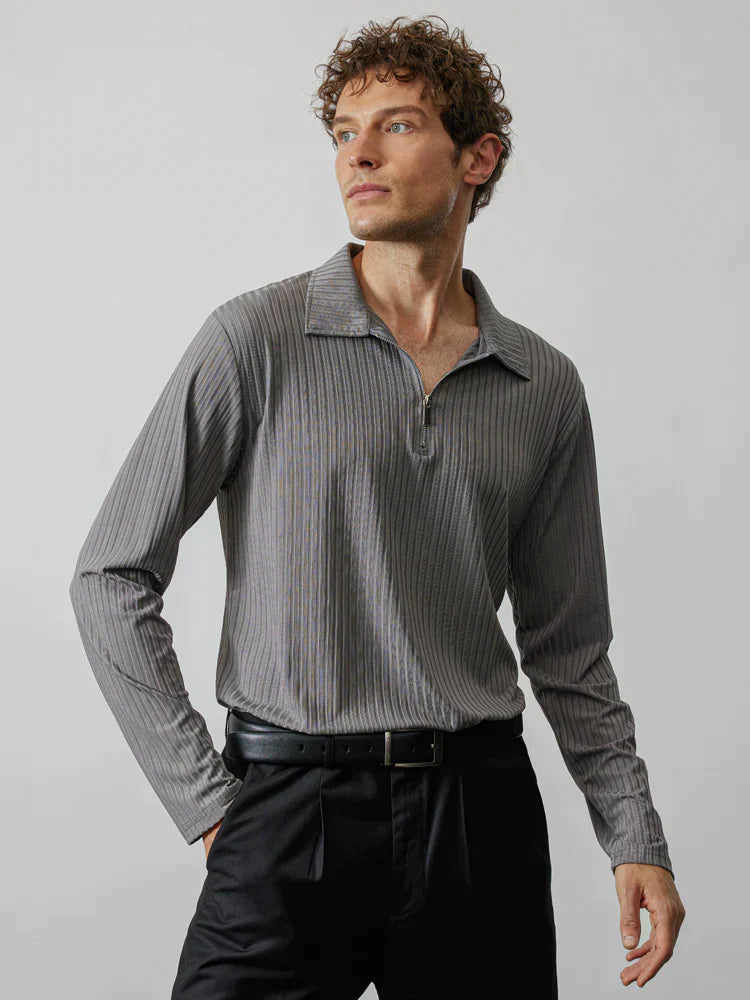 lininco Zipper Stripe Long Sleeve Polo Shirt