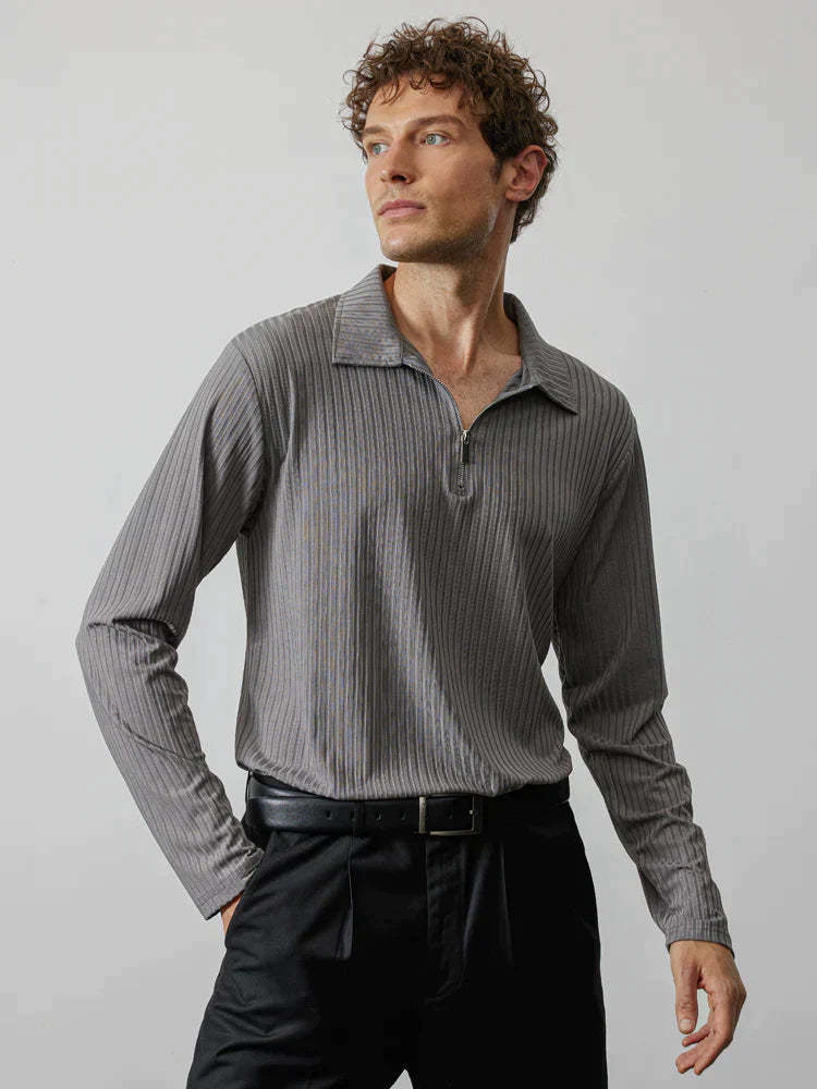 lininco Zipper Stripe Long Sleeve Polo Shirt