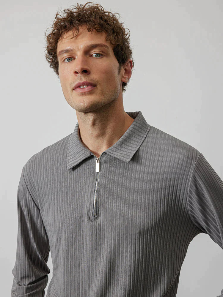 lininco Zipper Stripe Long Sleeve Polo Shirt