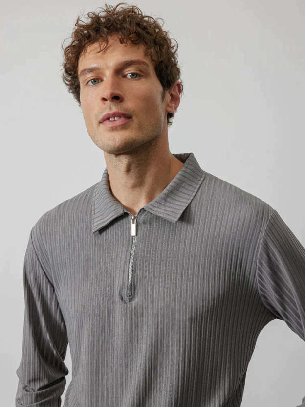 lininco Zipper Stripe Long Sleeve Polo Shirt