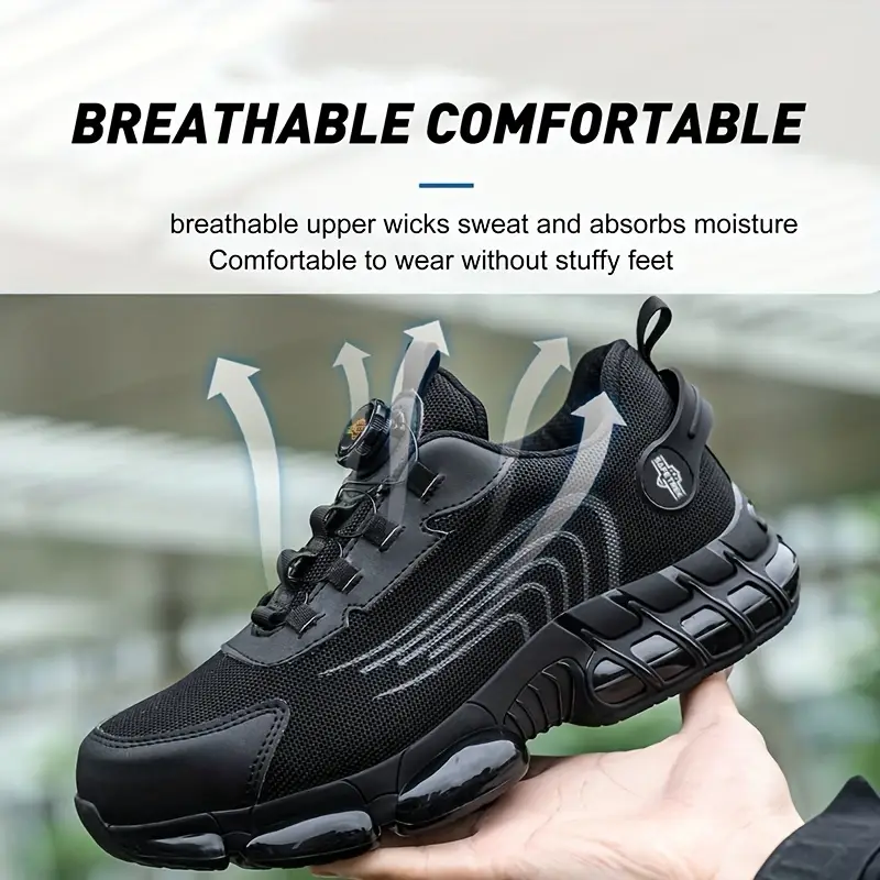 mens steel toe safety shoes breathable puncture resistant work sneakers with rotating   non slip rubber sole fabric inner insole striped microfiber upper for spring summer casual wear work safety footwear   sneakers fabric lined interior steel toe shoes 4