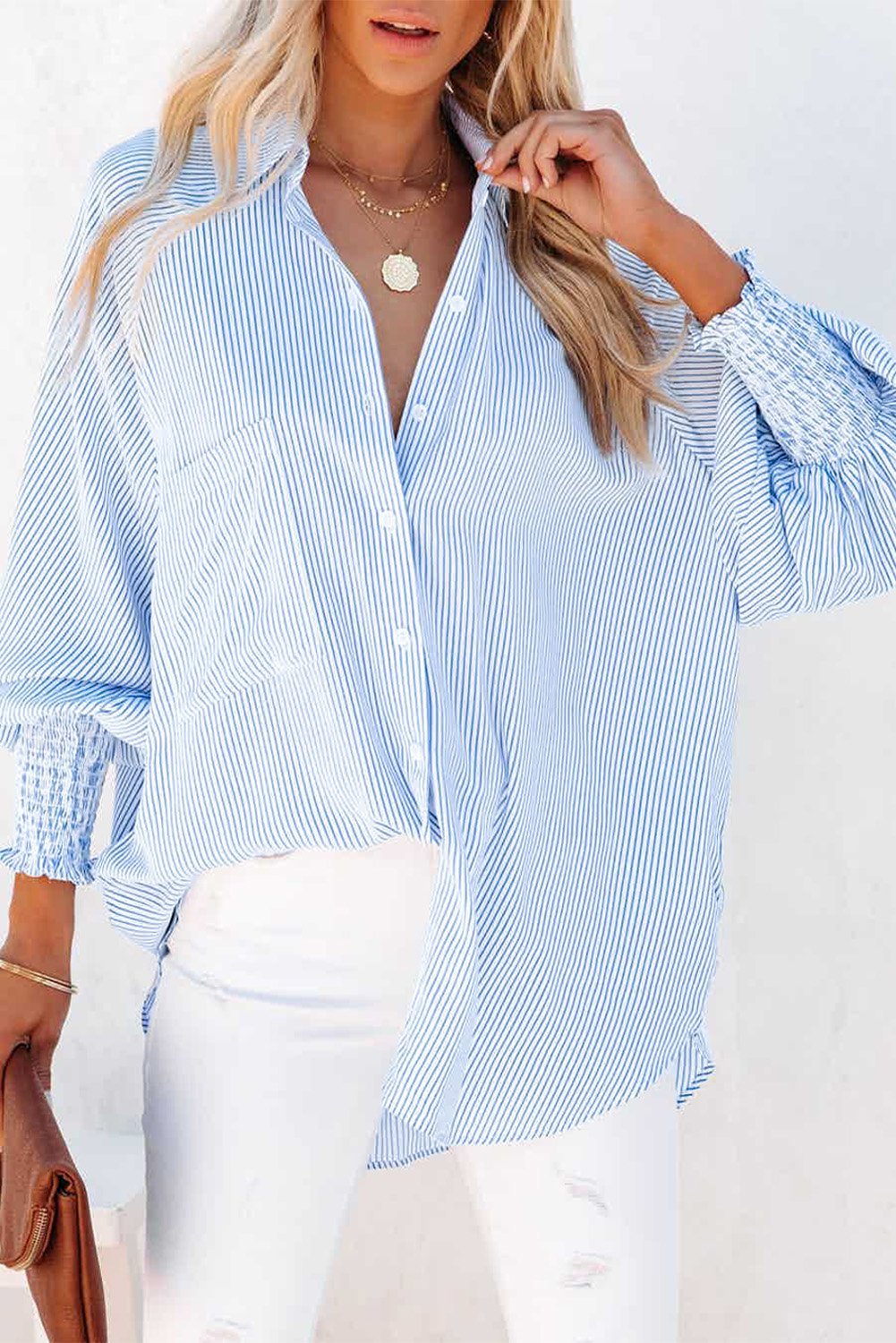 Mid-length smocked shirt with striped lapel and oversized drawdown sle