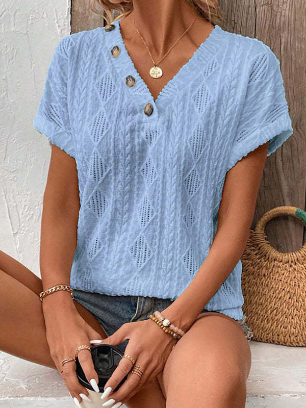 Loose Short Sleeves Buttoned Solid Color V-Neck T-Shirts Tops