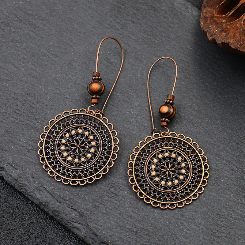 Retro Fashion Round Flower Rhinestone Wooden Beads Ethnic Style Earrings