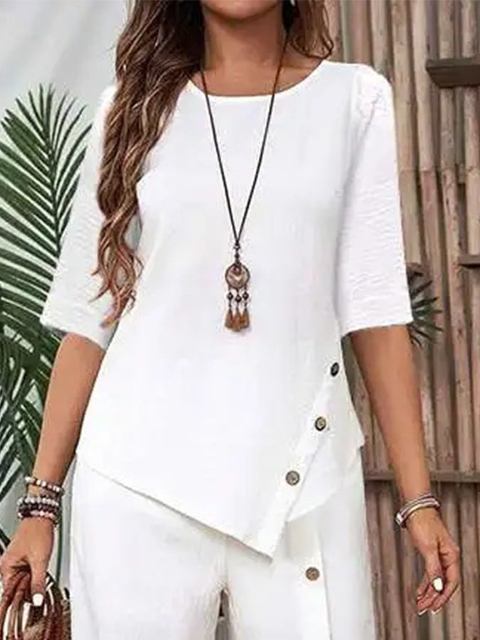 Women's Casual Button Short Sleeve Shirt Irregular Hem Pants Set