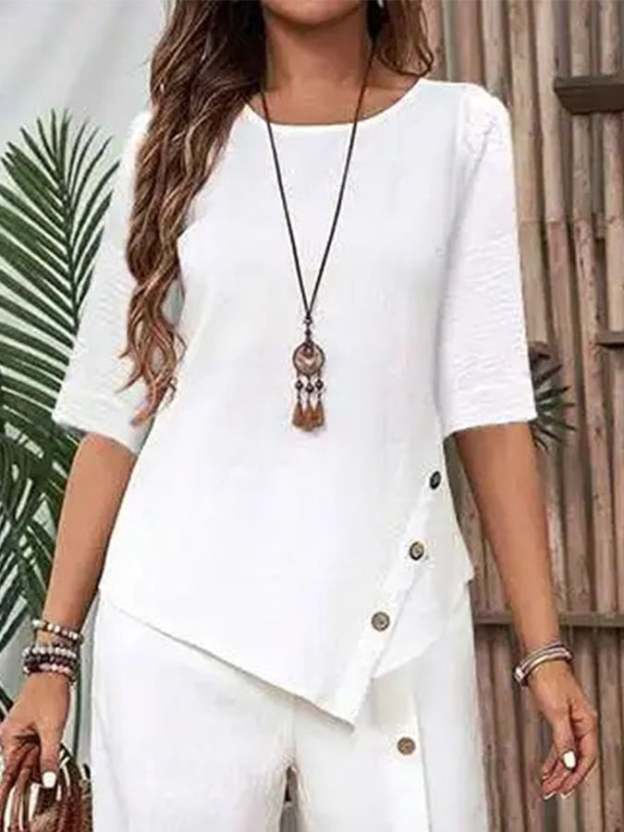 Women's Casual Button Short Sleeve Shirt Irregular Hem Pants Set