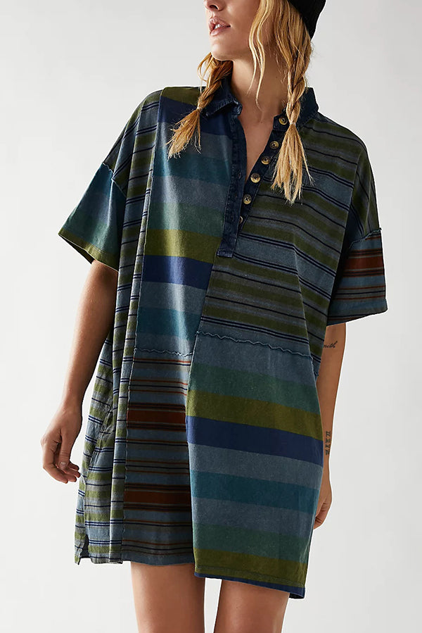 Striped Patchwork Denim Shirt Dress – Casual and Relaxed Fit