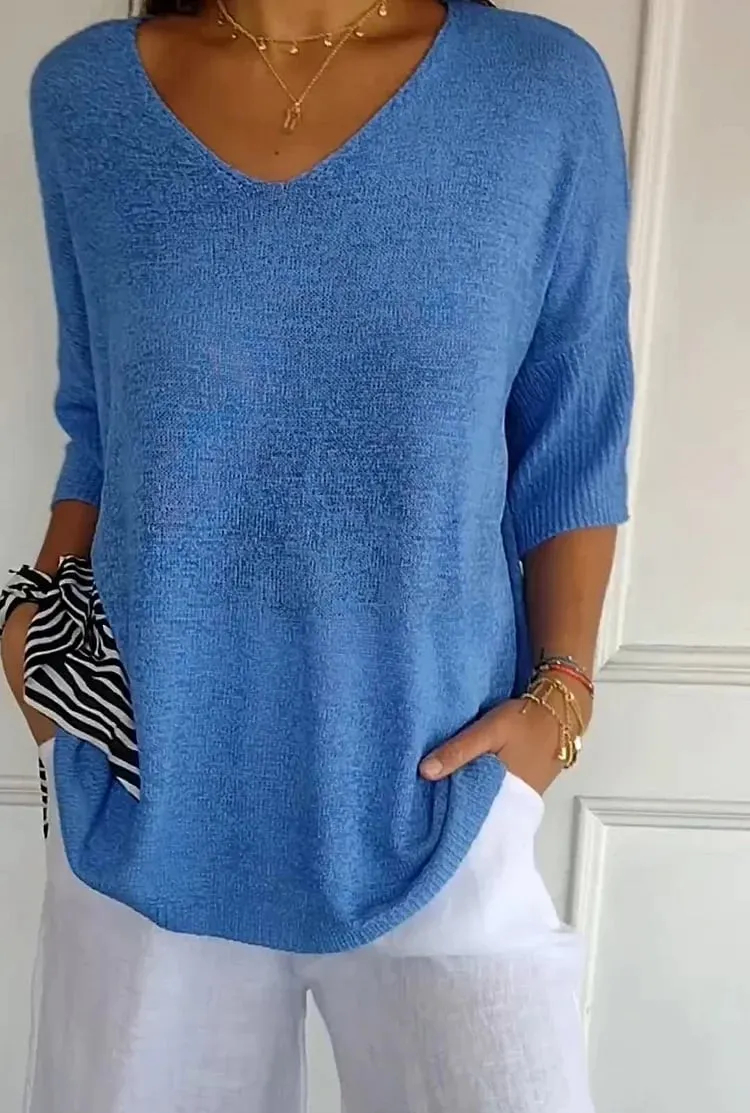 Solid Color Knitted V-neck Top