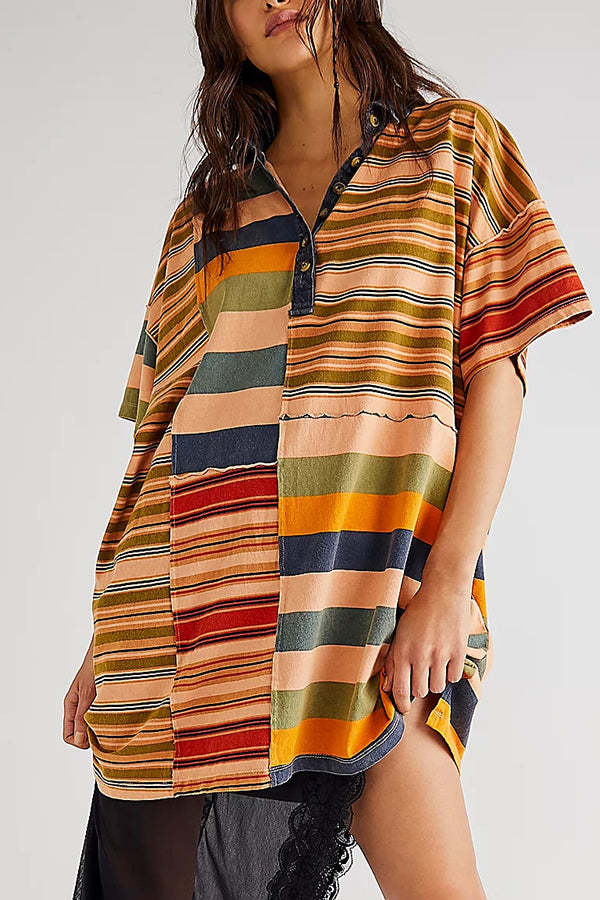 Striped Patchwork Denim Shirt Dress – Casual and Relaxed Fit