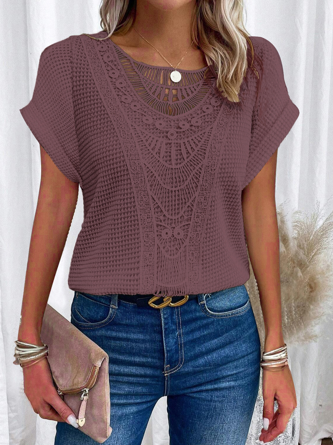 Lace Splicing Crew Neck Short Sleeve Top
