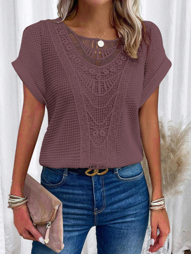 Lace Splicing Crew Neck Short Sleeve Top