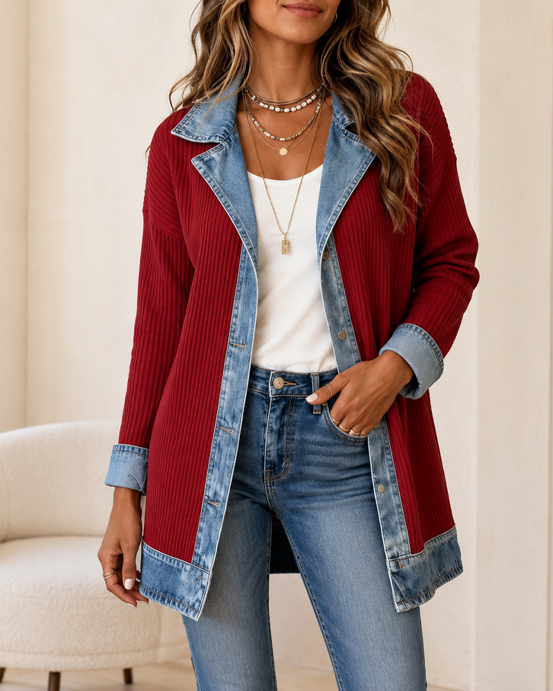 Women’s Denim-Trim Ribbed Knit Longline Blazer Jacket