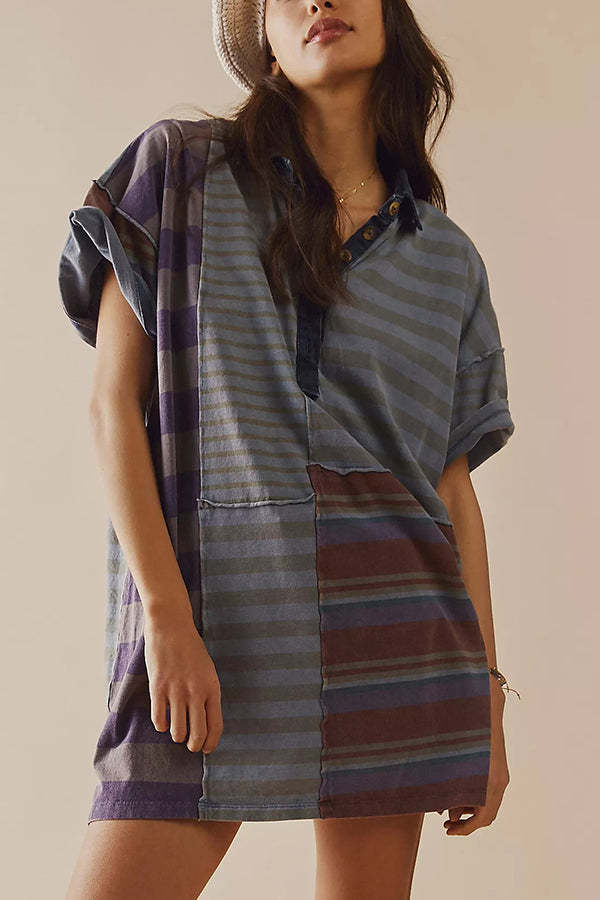 Striped Patchwork Denim Shirt Dress – Casual and Relaxed Fit