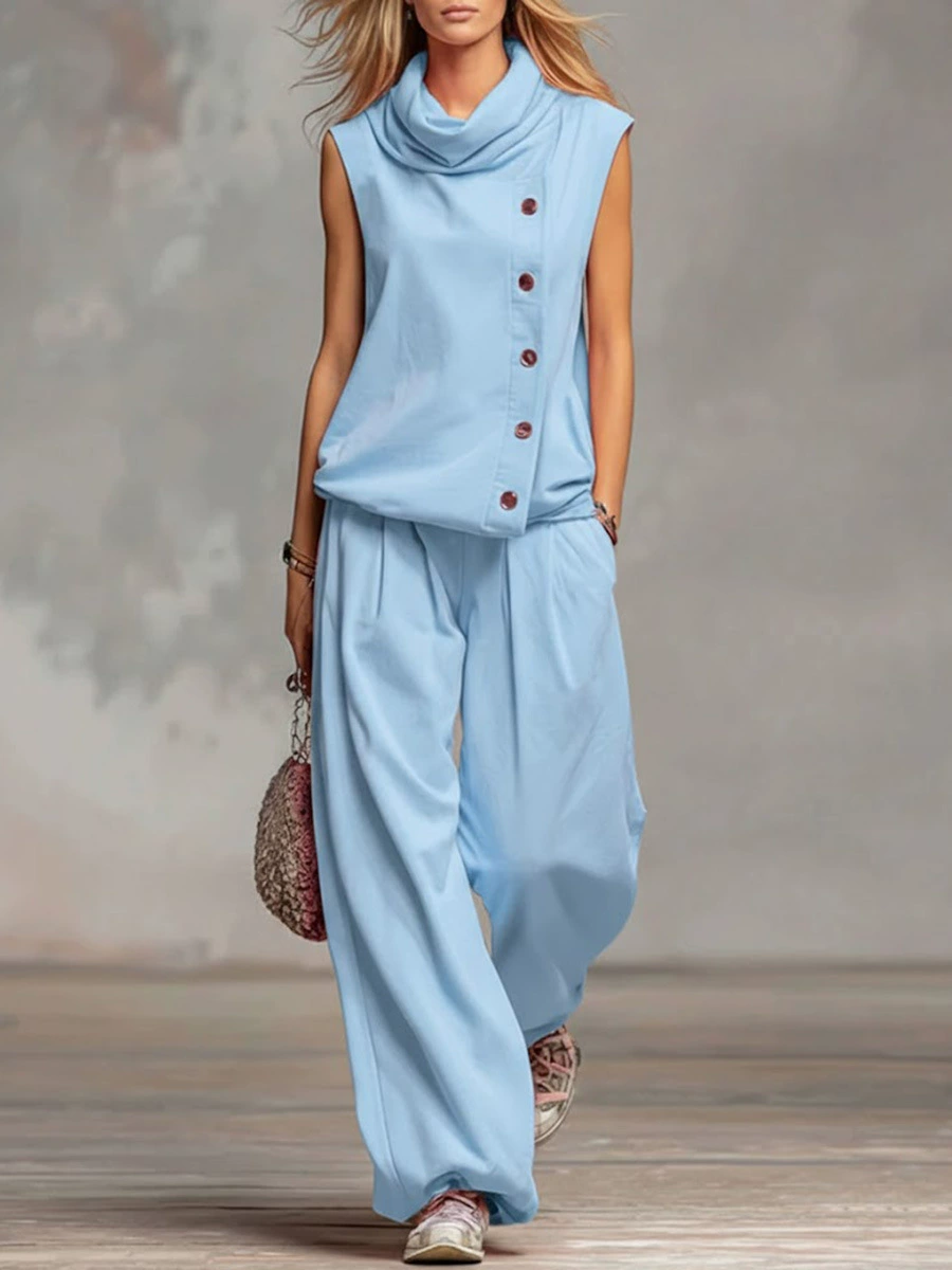 Resort-style Striped Sleeveless Shirt And Wide-leg Trousers Tencel Set