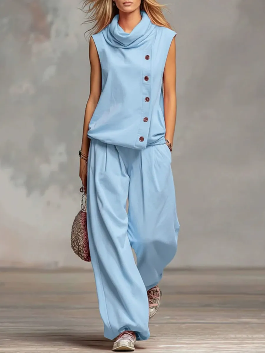 Resort-style Striped Sleeveless Shirt And Wide-leg Trousers Tencel Set