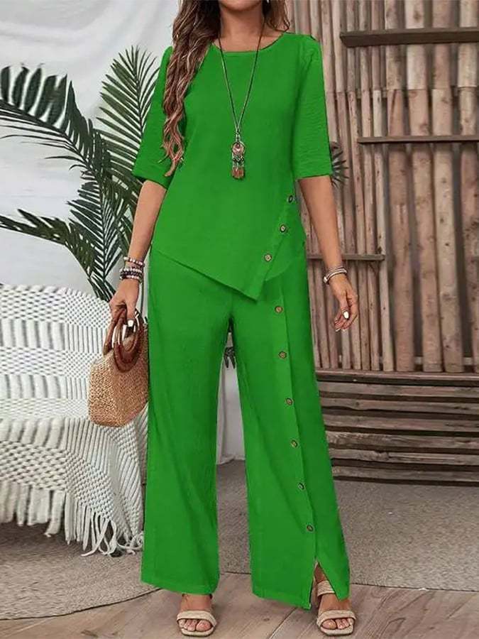 Women's Casual Button Short Sleeve Shirt Irregular Hem Pants Set
