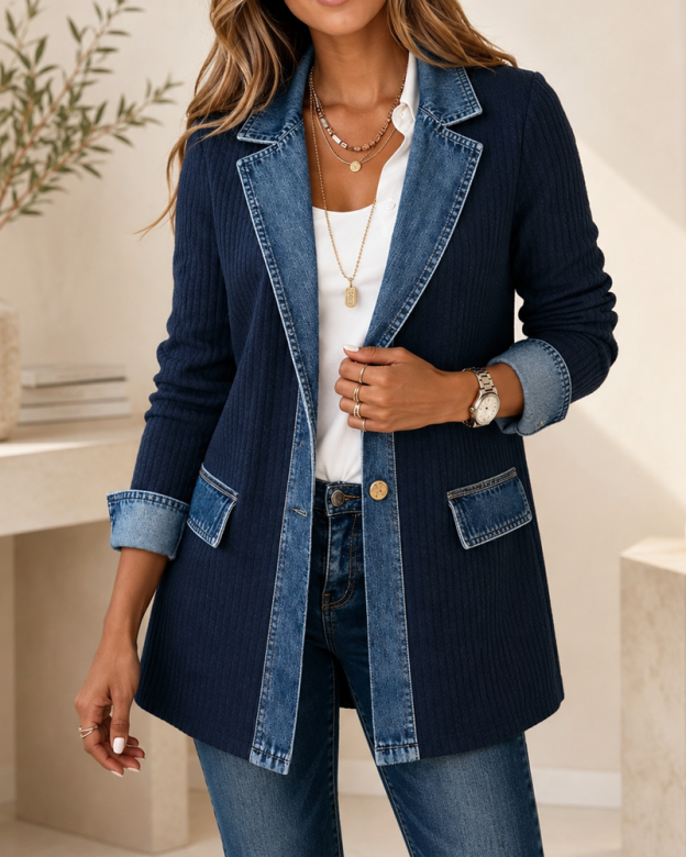 Women’s Denim-Trim Ribbed Knit Longline Blazer Jacket