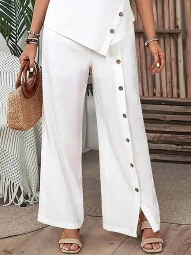 Women's Casual Button Short Sleeve Shirt Irregular Hem Pants Set