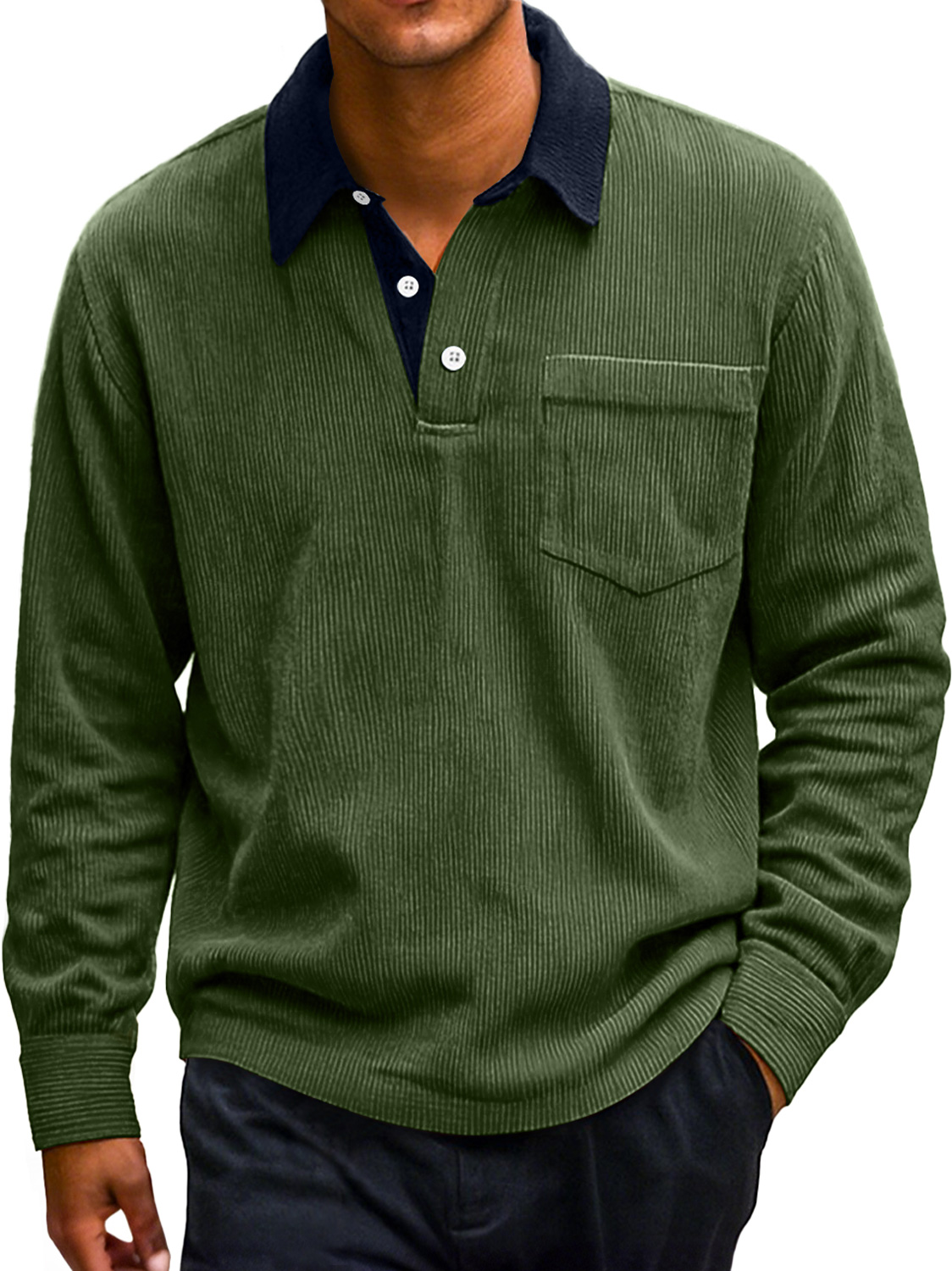 Men's Retro Corduroy Lapel Colorblock Casual Long-sleeved Polo Shirt