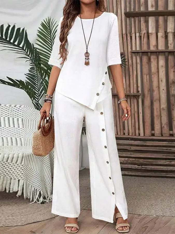 Women's Casual Button Short Sleeve Shirt Irregular Hem Pants Set