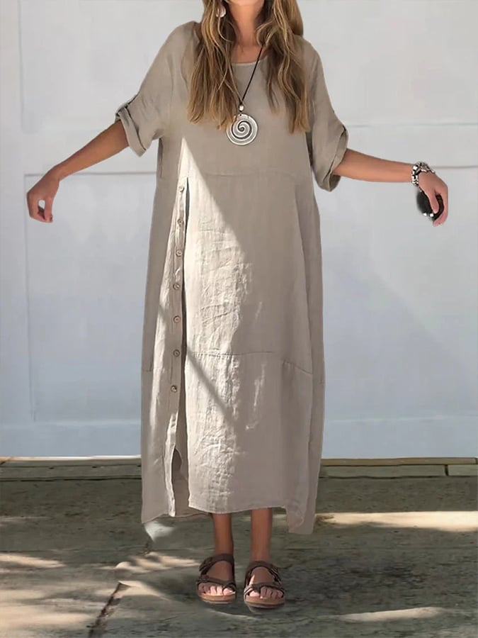 Elegant Side Button Linen Dress