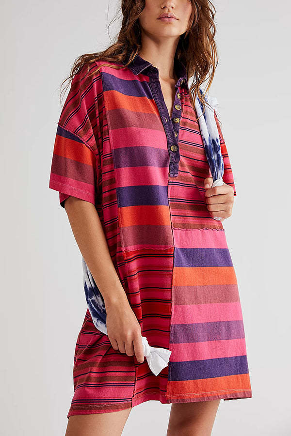 Striped Patchwork Denim Shirt Dress – Casual and Relaxed Fit