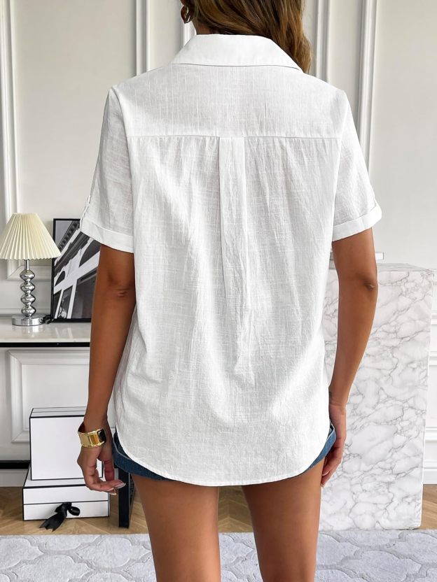 Zeagoo Women Linen Button Down Shirt Rolled Cuffed Short Sleeve Blouse Ladies Summer Casual V Neck Beach Cotton Tops