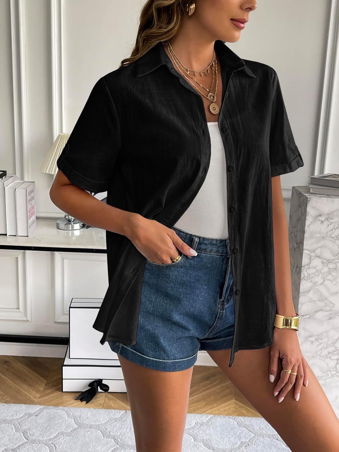 Zeagoo Women Linen Button Down Shirt Rolled Cuffed Short Sleeve Blouse Ladies Summer Casual V Neck Beach Cotton Tops